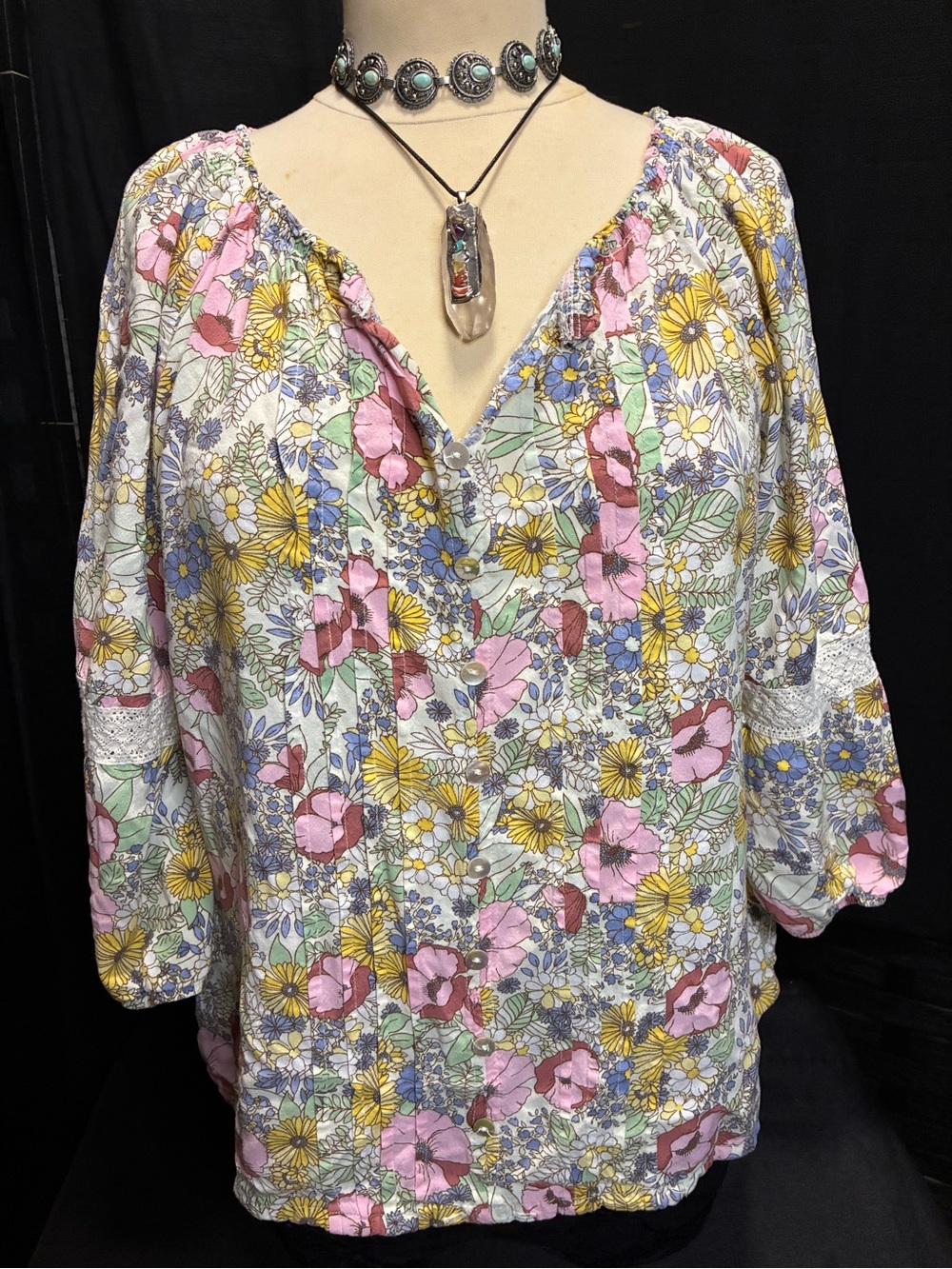 I.N. Studio Floral Peasant Blouse in Pink, Yellow & Green